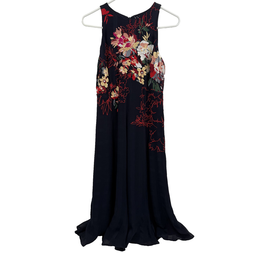 Anthropologie Dress Womens 4 Navy Blue Floral Embroidered Maxi‎ Sleeveless Boho